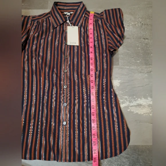 NWT Joie "Dyllis Dark Sapphire" short sleeves blouse. Blue, orange, metallic. S. - Picture 8 of 9